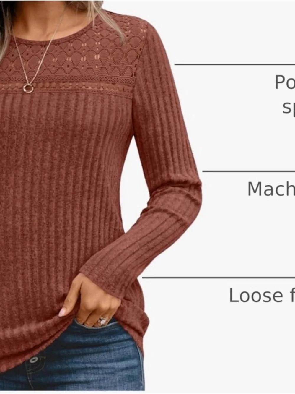 Women's Rust Ribbed Lace-Yoke Long Sleeve Top